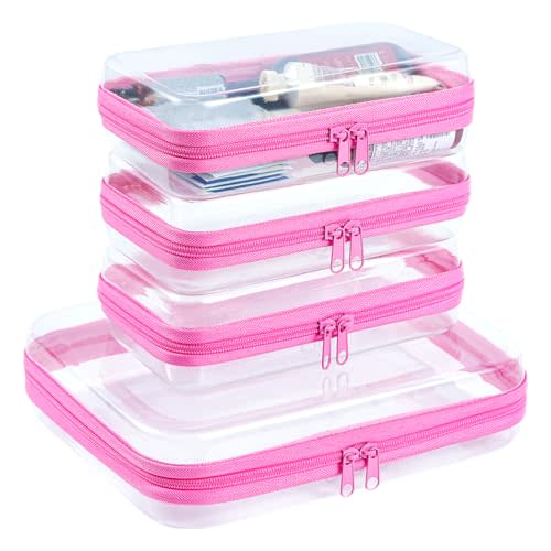 4 pcs Clear Zipper Pouches, Hard Shell Zipper Case, Makeup Organizer Travel Toiletry bag, Diaper Bag, Travel Organizer, Clear Cosmetic Bag,Toy Storage Bins (M+3S Pink)