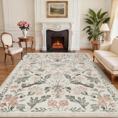 8x10 Area Rugs Washable Rug: Lagre Boho Living Room Rug Soft Non-Slip Thin Carpet Indoor Floor Non-Shedding Neutral Floral Carpets for Bedroom Dining Room Farmhouse Nursery Pink