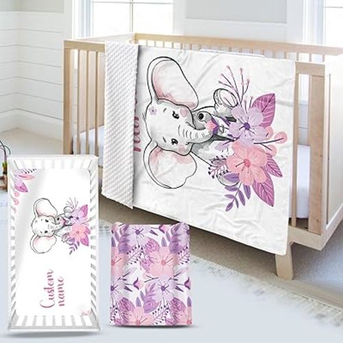 Custom Name Crib Bedding Set - Elephant Theme, Personalized Purple FlowerNursery Bedding 3-Piece Set– Soft Blanket, Fitted Sheet, Changing Pad Cover – for Newborns Girls Nursery Gifts