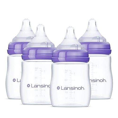 Lansinoh Anti-Colic Baby Bottles for Breastfeeding Babies, 5 Ounces, 4 Count, Includes 4 Slow Flow Nipples, Size S