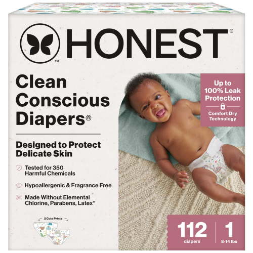 Honest Clean Conscious Baby Diapers Size 1 (8-14 lbs), Hypoallergenic and Fragrance Free, 112 Count