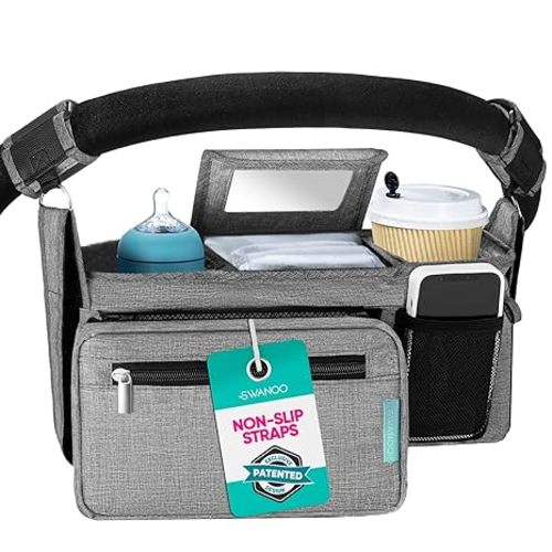 Stroller Caddy Organizer, Cup Holder, Wipes Pocket, Non-Slip, Grey