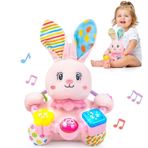 Baby Rabbit Musical Stuffed Animals Toy,Infant Bunny Bilingual Early Learning Education Toy with Light-Up Music & Crinkle,1st Easter Basket Shower Stuffers for 0 1 2 3 6 9 12 18 Month Girl,Pink