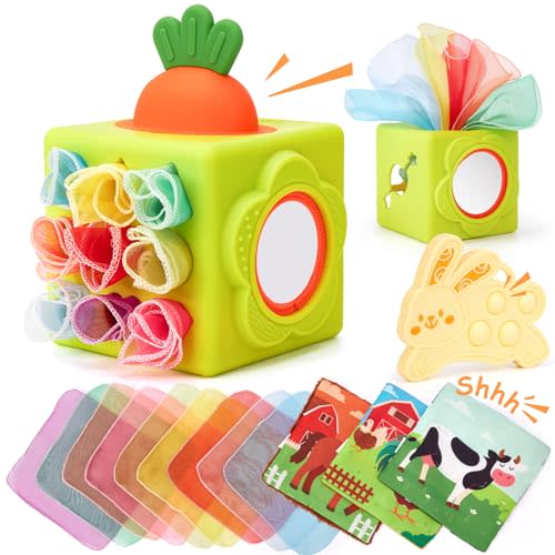 hahaland Baby Tissue Box Toy - Silicone Baby Toys 6-12 Months Montessori Toys for 6 Month Old, 6-in-1 Soft Busy Activity Cube with Scarves, Crinkle, Textures, Mirror, Sensory Popper, Stocking Stuffers