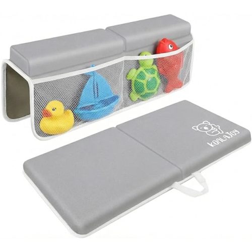 Comfortable Bath Kneeler and Elbow Rest Pad for Baby Bathing – Thick Memory Foam Mat – Non-Slip Mat with Toy Organizer – Baby Bathing Essentials for Parents – Gray