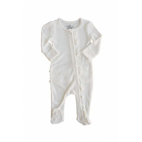 Cloud White Bamboo Waffle Ruffle Zipper Footie