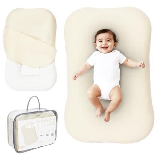 Aila + Aiden Baby Lounger | Organic Cotton Infant Lounger | Adjustable & Portable Floor Lounger |Supervised Use | Soft, Breathable, Washable Cover - Snuggle Collection - (Cream)