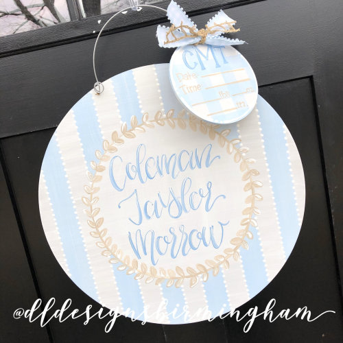 Baby boy Hospital door hanger gingham stripes hand lettering hand painted custom initials name