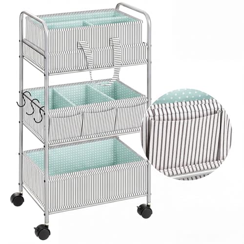 WILLBOND 2 in 1 Baby Diaper Caddy Organizer Cart, 3 Tier Large Stripe Bedside Rolling Cart Metal for Baby Essential with Divider for Newborn Registry Must Have Nursery Bedroom Mother Gift(Green)