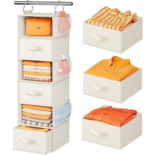 Pipishell Hanging Closet Organizer 6-Shelf, Hanging Shelves for Closet with 3 Removable Drawers & Side Pockets, Hanging Shelf Organizer for Bedroom or Garment Rack, 12'' x 12'' x 43.3'', White