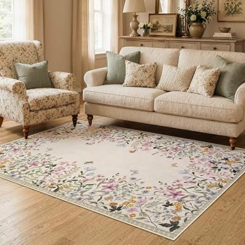 Wonnitar 4x6 Washable Area Rug, Boho Floral Bedroom Rug, Botanical Carpet for Nursery, Beige Non Slip Office Rug, Farmhouse Kitchen Kids Playroom Decor (4x6 Beige)