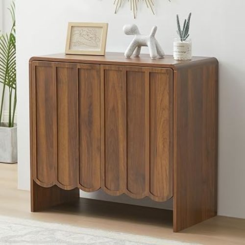 ORRD Accent Sideboard Buffet Cabinet, Storage Cabinet with 2 Doors, Farmhouse Wood Cabinet with Adjustable Shelves and Wave Panel for Living Room, Dining Room, Entry - Walnut