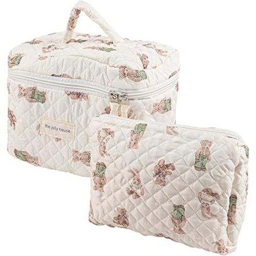 Framendino, 2 Pack Cotton Quilted Makeup Bag Bear Large Aesthetic Zipper Cosmetics Pouch Cute Travel Toiletry Purse for Women