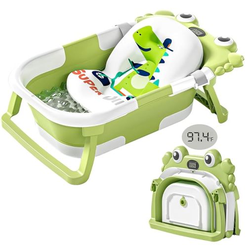Collapsible Baby Bathtub for Newborns with Thermometer and Soft Floating Cushion Portable and Foldable Travel Baby Girl Bath Tub for Infants to Toddler 0-36 Month (Blue)
