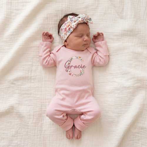 Pink Newborn Baby Girl Coming Home Outfit Baby Shower Gift Floral Embroidered Romper Personalized