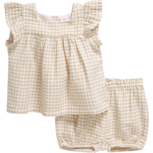 Baby Cotton Gingham Top & Bloomers, Beige Oyster Gingham