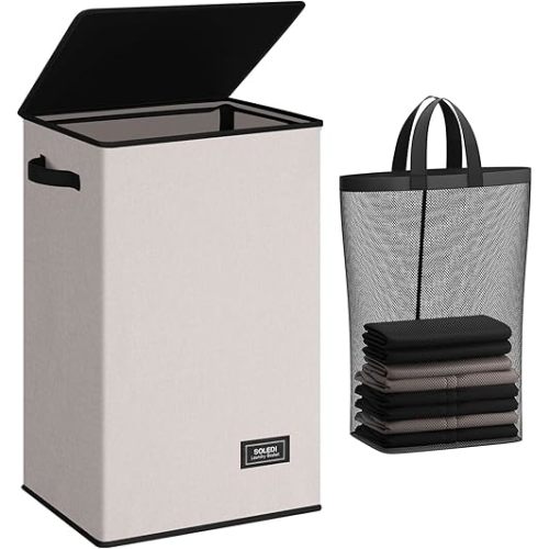 SOLEDI Laundry Hamper with Lid 90L Large & Tall Collapsible Laundry Basket, Clothes Hamper with Bag Removable Easy to Carry, Dirty Hampers for Bedroom, Bathroom, Dorm, College, Light taupe