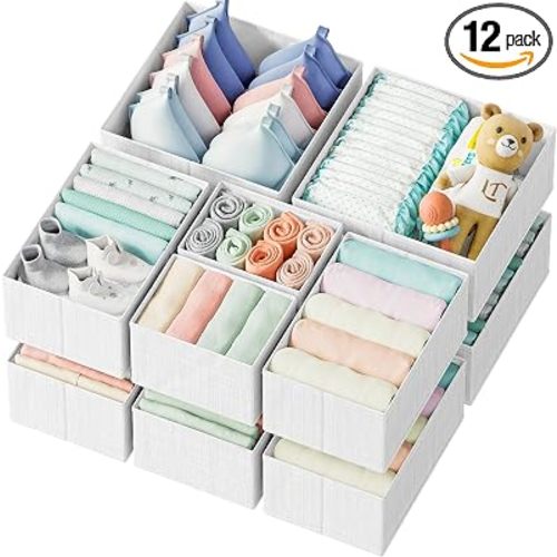 Drawer Organizer Clothes Set of 12 White-Grey - Dresser Organizer For Nursery, Bedroom, Closet - Perfect Baby Clothes Organizer and Storage & General Nursery Organization or Dresser Drawer Organizers