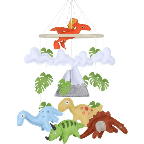 CLYMENE Dinosaur Baby Mobile for Crib | Baby Nursery Dinosaur Mobile | Gender Neutral Baby Stuff for Dinosaur Theme Nursery | Handmade Felt Hanging Dino and Mountain Room Decor for Boys & Girls