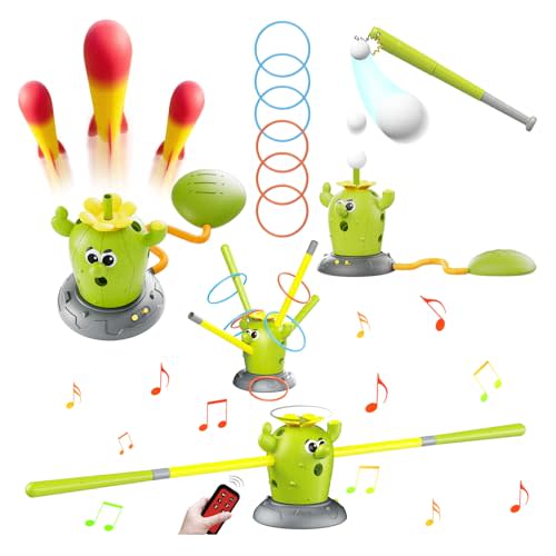Cactus 4-in-1 Musical Jumping Toys Set with Ring Toss, Stomping Rocket Launcher and Baseball Game, Fun Indoor and Outdoor Toys for Active Play Sports Toy for Kids Ages 3 4 5 6 7 8+ Boys & Girls.