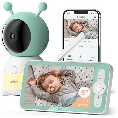BOIFUN 5" Video Baby Monitor, 2K Ultra HD Baby Camera Monitor with Motion & Cry Detection, Auto Tracking & Pan-Tilt-Zoom, Night Light &14 lullabies, Night Vision [Smart APP Control]