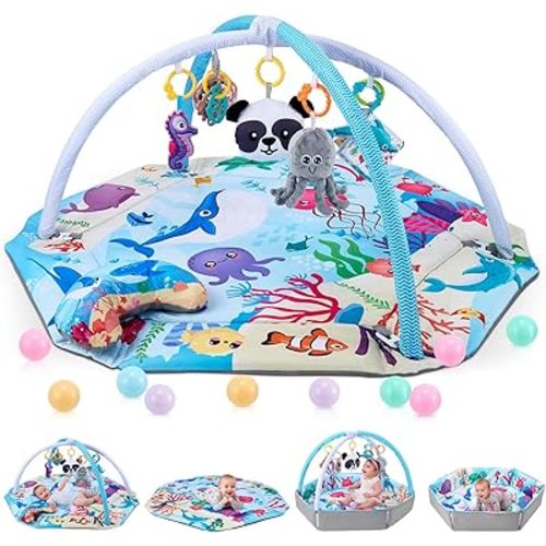 Baby Play Gym Mat, Stage-Based Developmental Activity Gym & Play Mat, Foldable Tummy Time Mat with 9 Detachable Sensory Toys for Newborn Promote Motor Skills & Brain Development, Baby Essentials Gift