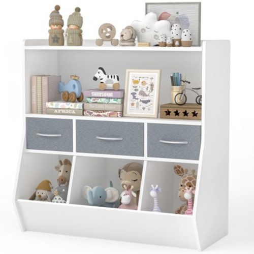 Kids Bookshelf and Toy Storage Organizer with 4 Shelves and White Cubbies