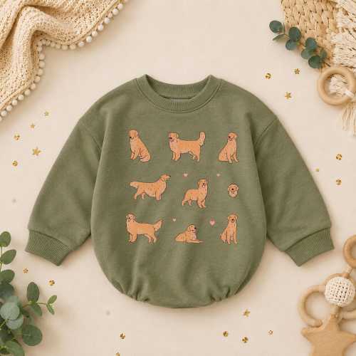 Golden Retriever Baby Romper, Cute Puppy Bodysuit, Olive Green Bubble Romper, Dog Lover Baby Outfit, Neutral Baby Shower Gift
