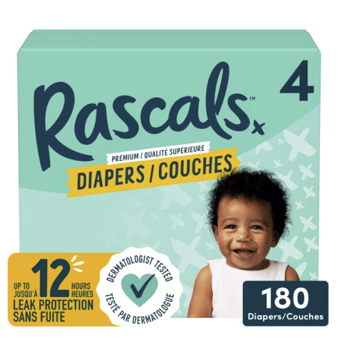 Size 4 - Rascals Premium Absorbent Baby Diapers, Mega Carton, 180 Count