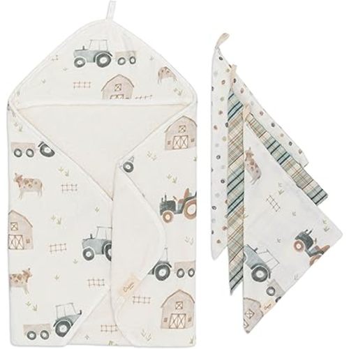 Crane Baby Hooded Towel & Washcloth Set, Charlie Farmhouse Tractor Hooded Baby Towels and Washcloths Set, Baby Bath Essentials, Washcloths for Newborn, Muslin Towel for Babies