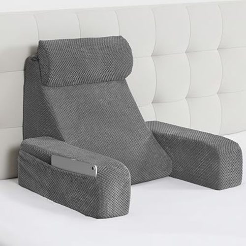 Vekkia Reading Pillow,Back Pillow for Bed Sitting Up Adult,Backrest Support Pillow with Build-in Arms & XL Pockets,Rest Chair for Reading,Gaming,Relaxing,Working or Watching TV in Bed/Floor-19'' Grey