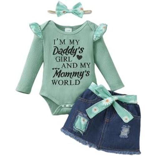 Kucnuzki Baby Girl Clothes Newborn Baby Girl Outfit Long Sleeve Romper Jean Denim Skirt Set Infant Baby Clothe for Girls