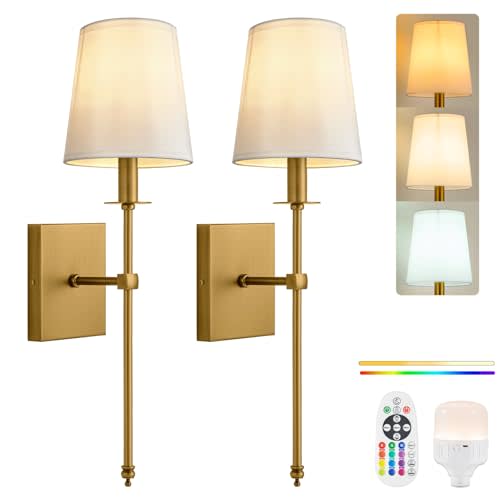 PASSICA DECOR Battery Operated Wall Sconce Set of 2, Rechargeable Wireless Wall Lights with 15 Colors Dimmable Bulbs, Remote Control, Brass Battery Wall Sconces for Bedroom, Living Room
