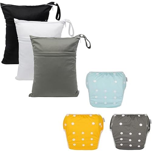 babygoal Swim Diapers 3 Pack with 3pcs Wet Dry Bags,Fits 8M-3T Toddlers,Reusable Adjustable Washable for Baby Gifts and Swimming Lessons