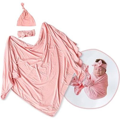 Newborn Swaddle and Hat Set, Stretchy and Comfortable Baby Swaddle Blanket, Use as Receiving Blanket, Toddler Blanket and More, Pink, 47 x 47 inches