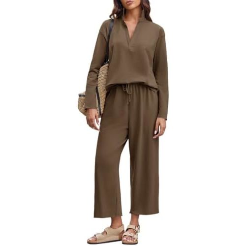 Imily Bela Womens 2 Piece Outfits Sweatsuit Long Sleeve Lapel V Neck Shirt and Wide Leg Pants 2025 Fall Trendy Tracksuit