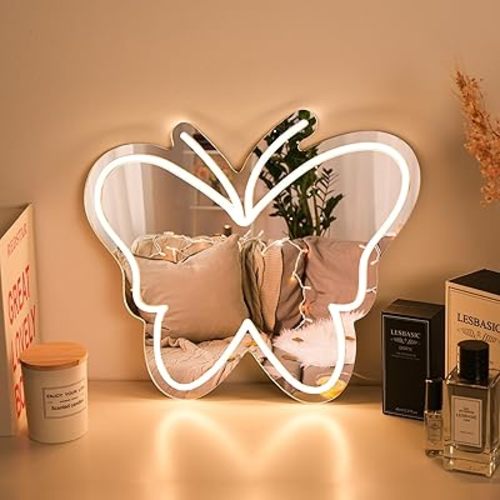 Butterfly Mirror Neon Sign LED Neon Lights for Ideal Home Decor for Bedroom, Kidsroom, Living Room Parties, Christmas Birthdays Gifts for Girls Women, Boho Mirror Wall Sign Art Gift-Warm White-14"x13.78"
