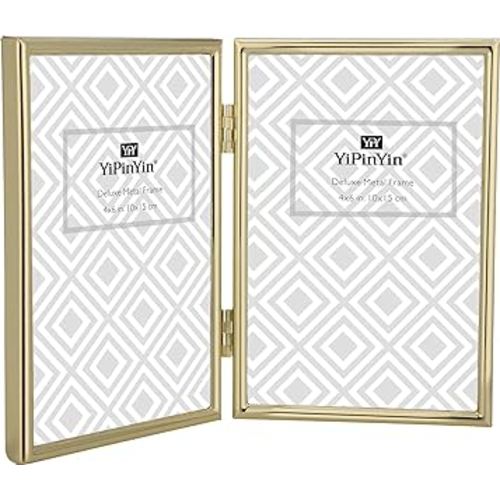 4x6''Hinged Double Simply Gold Metal Picture Frame, Elegant Narrow Plated Metal Photo Frames 4 x 6'' With Soft Touch Velvet Backing for Desktop