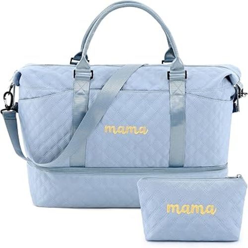 Mama Hospital Bag for Women Labor Delivery Travel Duffle Bag with Shoe Compartment and Toiletry Pouch Waterproof Letter Embroidered for Pregnancy Weekender Overnight Gym Gift, Blue