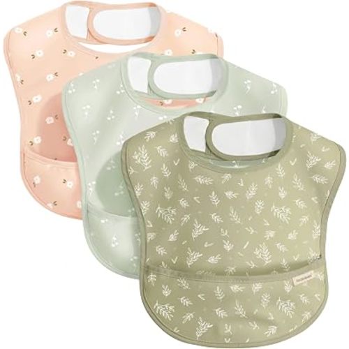 KeaBabies 3-Pack Waterproof Baby Bibs for Eating, Lightweight (Bloom)