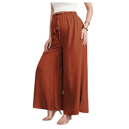 BEAUDRM Women's Maternity Elastic High Waist Pants Knot Front Wide Leg Pregnancy Pants