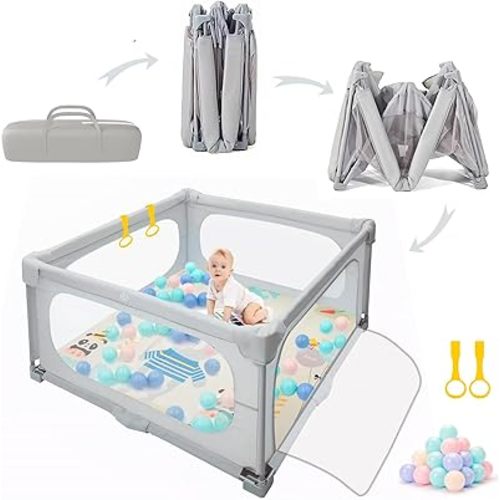 50x50 Foldable Playpen for Babies and Toddlers,Collapsible Baby Playpen,Portable Baby Play Pen with Mat Included 50PCS Ocean Balls and 2 Handlers,Large Folding Play Yard Indoor & Outdoor