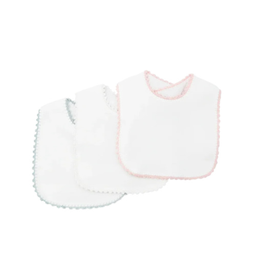 Pixie Lily Bib - Pink Crochet Trim