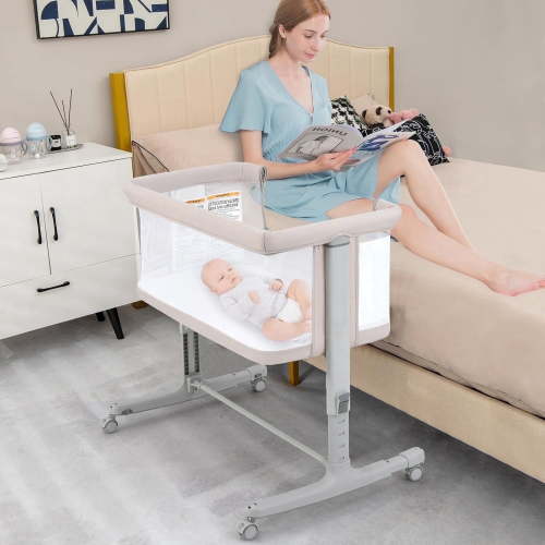 INFANS 3 in 1 Baby Bassinet, Bedside Sleeper for Newborn, Folding Crib with Mattress, Travel Bag, Wheels, 4-Sided Mesh, Easy to Assemble Cradle Co Sleeper Stationary, Rock (Beige)