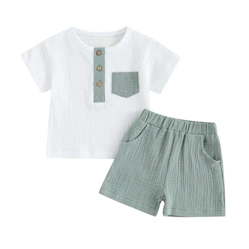 fhutpw Baby Boy Summer Outfits Henley Shirt Soft Pocket Short Sleeve Tops & Shorts Sets Infant 3 6 12 18 Months 2T Clothes