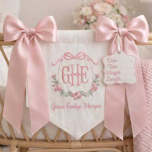 Custom Baby Banner For Hospital Door Sign & Nursery, Monogram Baby Announcement Banner, Embroidered Baby Name Banner for Baby Shower Gift