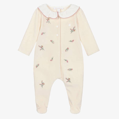 Patachou - Girls Beige Velour Babygrow with Floral Embroidery | Childrensalon