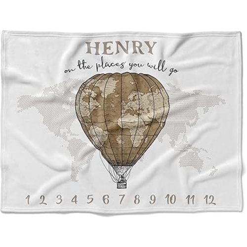 Personalized Adventure Awaits Baby Blanket, Custom World Map Milestone Throw, Vintage Hot Air Balloon Growth Tracker, Travel Theme Soft Fleece, Nursery Decor