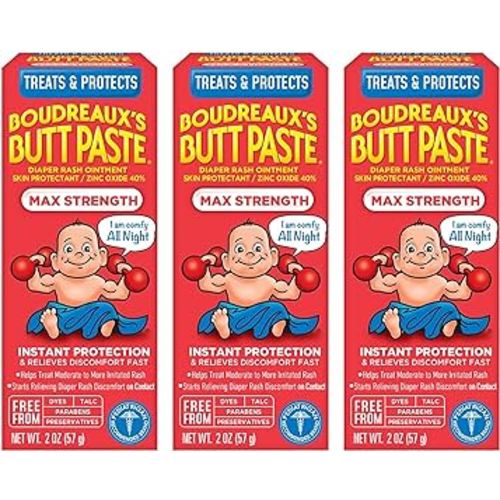 Boudreaux's Butt Paste Maximum Strength Diaper Rash Cream, Ointment for Baby, 2 oz Tube, 3 Pack