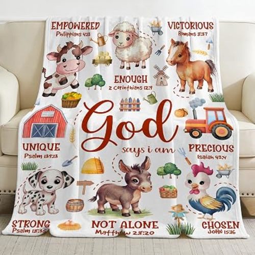 Farm Animal Blanket,Bible Verse Blanket, Christian Gifts, Cow Sheep Horse Chicken Dog Tractor Print Blankets,Cute Religious Gifts for Girls Boys,Farm Animals Lover Room Bed Decoration, 40"x50”